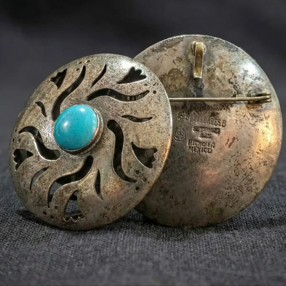 Vintage Taxco Sterling Silver & Turquoise Brooch Pendant - F. Balladares